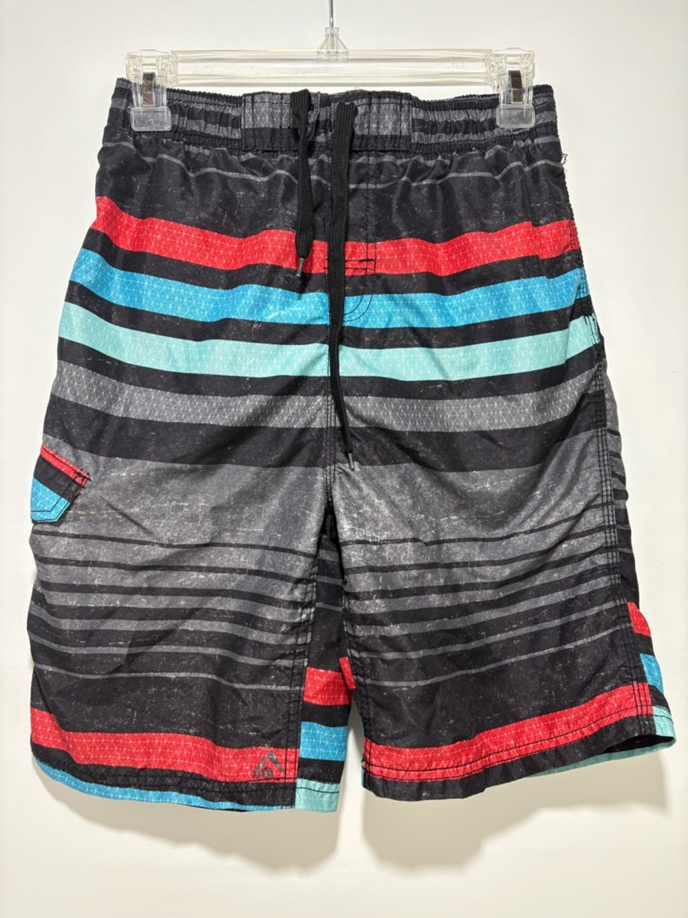 Kanu Surf Boys Black Swim Trunks with Red & Teal Stripes